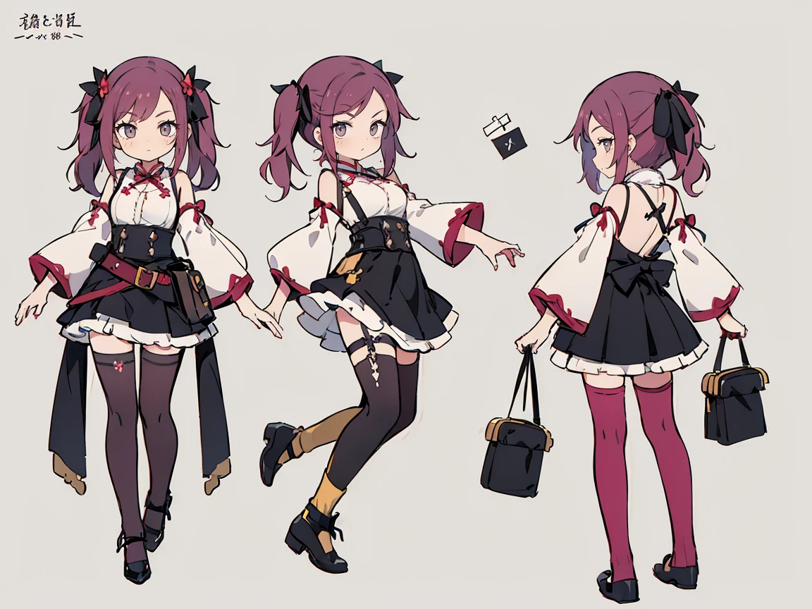 (((three-sided view, front view, side view, back view, multiple views, multiple poses and expressions, many parts)), concept art, character concept art, character sheet, Full body, illustration, (simple background, gray background), 1 character, 1girl, fantasy art:1.1), (kishou:0.7), jigokuraku, girls with((reddish purple hair, bangs, (two side up, twintail, long wavy hair, ribbon:1.55), perfect hands, perfect fingers, (exposed breasts, tits cleavage, breasts close up, full back:1.2), dress((suspenders, dress, belt, nun:1.15), (chinese clothes, frills shirt, no sleeves, sleeveless, frills panniers, long sleeves, white legwear, thighhighs, single thighhighs, single legwear, black footwear, strap shoes:1.42))