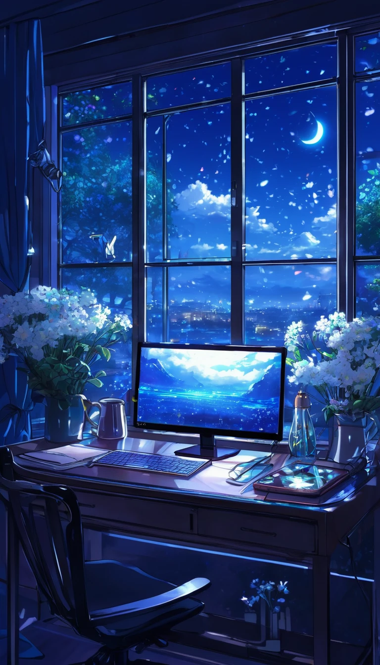 A tranquil scene unfolds in a magical laboratory setting..: A laptop with a bright screen sits on a desk next to a large window,It's raining heavily outside。 Blue neon lights gently illuminate the white flowers next to the tablet and PC monitor.. Vocal mic and headphones、It suggests creativity resonating in the air.. Anime-inspired digital painting., Winner of pixiv contest, Create a welcoming atmosphere, Nice atmosphere, A work that combines mystical realism with the charm of a fairy tale.、Captivate the viewer..