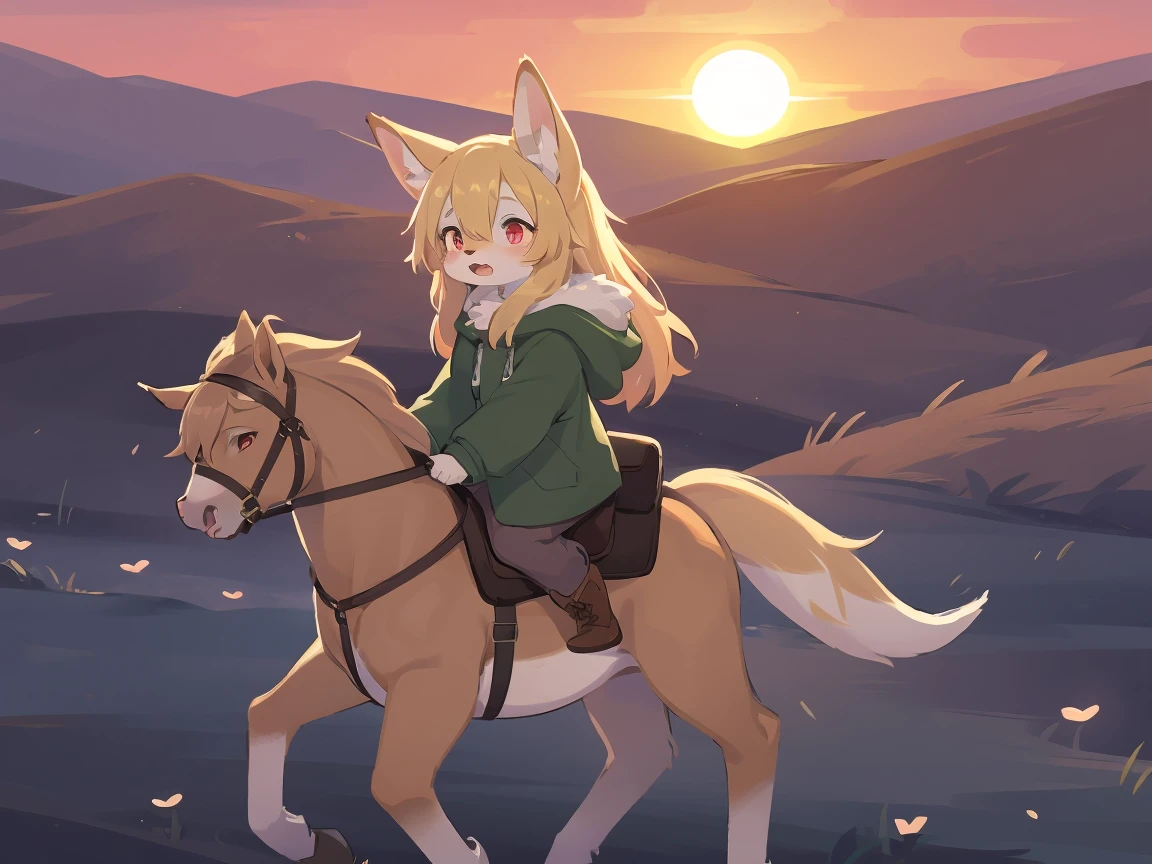  the fox, , was hairy, shaggy, skin fur, smooth lashes, golden fur, forelimb hands, straight long blonde hair, solid circle eyes, golden ears, golden fur, golden facial fur, shiny hair, red eyes, super cute face, 1fox tail, fluffy tail, furry tail, glowing eyes, green coat green hood down, brown trousers, riding unsaddled horse, open mouth, embarrassed, ambient light, ultra-fine fur, dashed eyes, full body, masterpiece, high quality, high-details, best quality, wide short, (((solo))), twilight, sun light, red sky, rim light