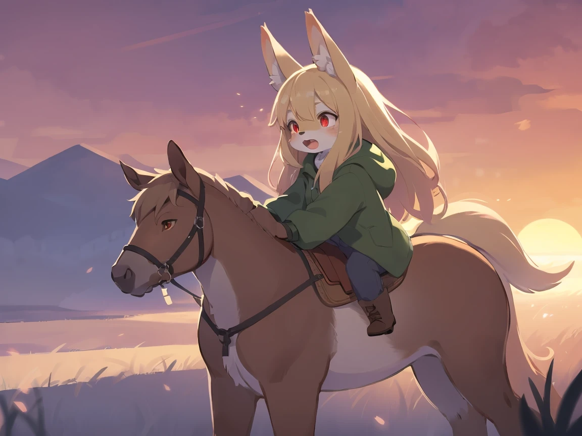  the fox, , was hairy, shaggy, skin fur, smooth lashes, golden fur, forelimb hands, straight long blonde hair, solid circle eyes, golden ears, golden fur, golden facial fur, shiny hair, red eyes, super cute face, 1fox tail, fluffy tail, furry tail, glowing eyes, green coat green hood down, brown trousers, riding unsaddled horse, open mouth, embarrassed, ambient light, ultra-fine fur, dashed eyes, full body, masterpiece, high quality, high-details, best quality, wide short, (((solo))), twilight, sun light, red sky, rim light