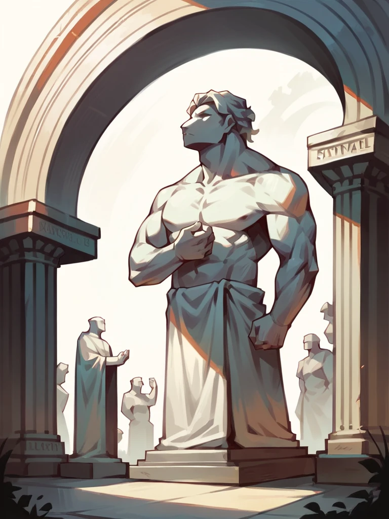 (((2 male characters- an elderly ancient greek sculptor wearing classic greek erotic attire is sculpting a petrified lewd stone statue of a young adult greek warrior with perfect body and cock))), NSFW, ((a man sculpting a male stone statue and falling in love with it)), (yaoi),