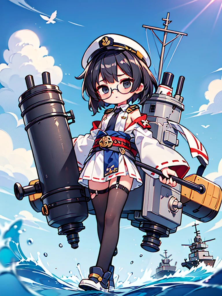 (((masterpiece, Vision))), ((((Full body of a woman with perfect flat chest、solo、Short unkempt black hair、Tie your messy hair at the nape of your neck、white military jacket、Miko costume、tights、Black glasses、White military cap、Cloudy black eyes、Confused eyes、Junyo-inspired emblem)))), (((Shipgirl))), ((Floating on the morning sea with both feet)), (Spread your legs wide open), (Hold the turret grip with your right hand), (Mechanical arms extending from the waist are used to equip the ship with battleship equipment.), (Equipped with a turret on the back), (Left arm holds the triple turret grip), Shotgun belt on thigh, Spreading the Machine's Wings, Lift the turret with the machine's tail,