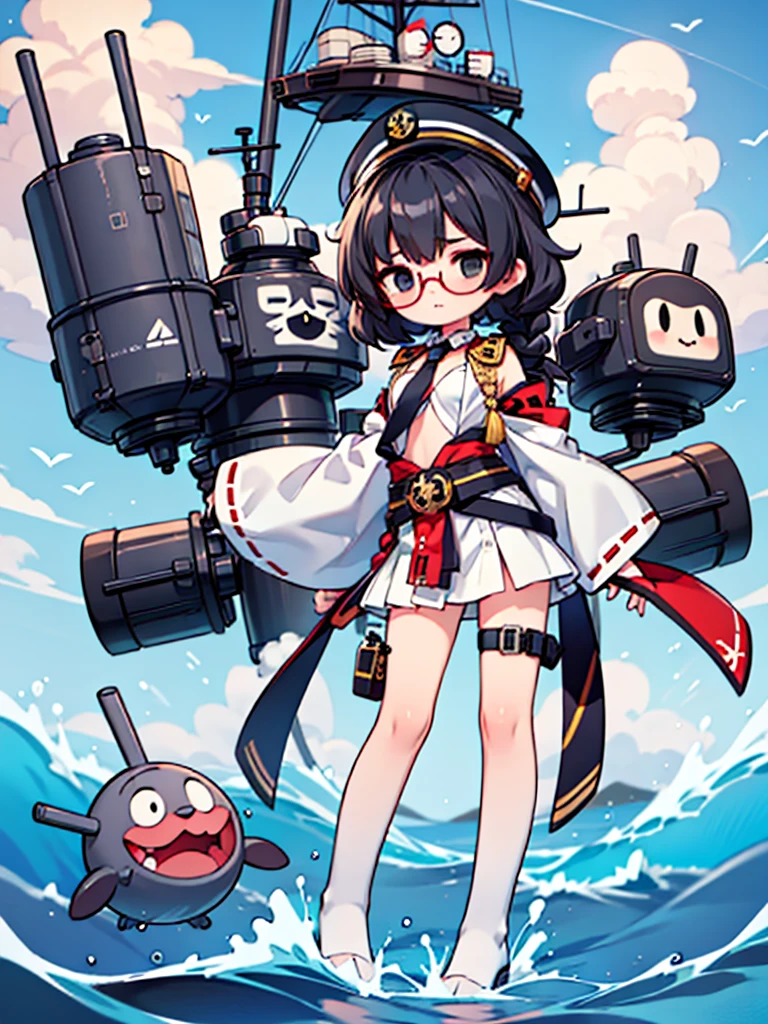(((masterpiece, Vision))), ((((Full body of a woman with perfect flat chest、solo、Short unkempt black hair、Tie your messy hair at the nape of your neck、white military jacket、Miko costume、tights、Black glasses、White military cap、Cloudy black eyes、Confused eyes、Junyo-inspired emblem)))), (((Shipgirl))), ((Floating on the morning sea with both feet)), (Spread your legs wide open), (Hold the turret grip with your right hand), (Mechanical arms extending from the waist are used to equip the ship with battleship equipment.), (Equipped with a turret on the back), (Left arm holds the triple turret grip), Shotgun belt on thigh, Spreading the Machine's Wings, Lift the turret with the machine's tail,