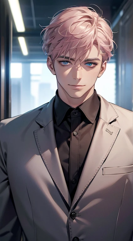 (best quality,4k,8k,highres,masterpiece:1.2),ultra-detailed,(realistic,photorealistic,photo-realistic:1.37),1 man,31 years old,mature man,very handsome,without expression,smile,short grey pink hair,blue eyes,penetrating gaze,perfect face without errors,imposing posture,businessman,office background,cinematic lighting,hdr image