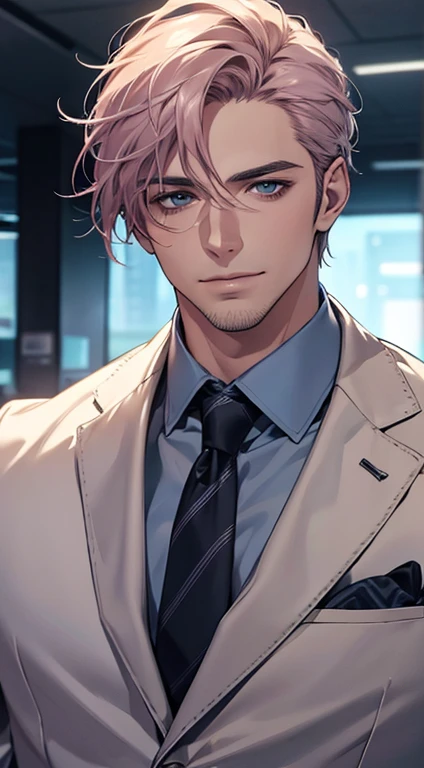 (best quality,4k,8k,highres,masterpiece:1.2),ultra-detailed,(realistic,photorealistic,photo-realistic:1.37),1 man,31 years old,mature man,very handsome,without expression,smile,short grey pink hair,blue eyes,penetrating gaze,perfect face without errors,imposing posture,businessman,office background,cinematic lighting,hdr image