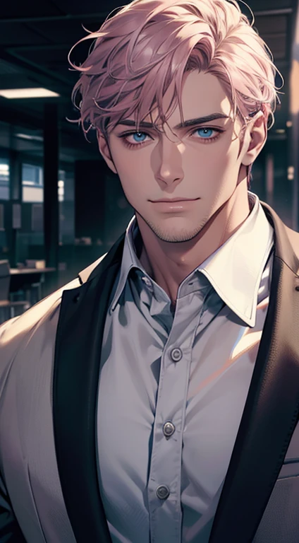 (best quality,4k,8k,highres,masterpiece:1.2),ultra-detailed,(realistic,photorealistic,photo-realistic:1.37),1 man,31 years old,mature man,very handsome,without expression,smile,short grey pink hair,blue eyes,penetrating gaze,perfect face without errors,imposing posture,businessman,office background,cinematic lighting,hdr image