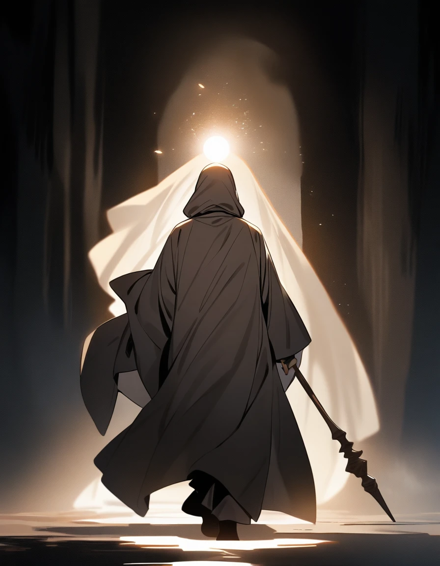 Man in ancient robe walking, with an ancient staff in his hand and a white light covering his face (side image)
