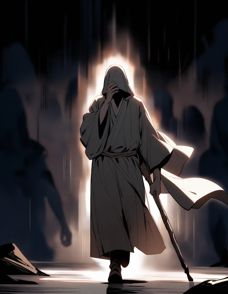 Man in ancient robe walking, with an ancient staff in his hand and a white light covering his face (side image)