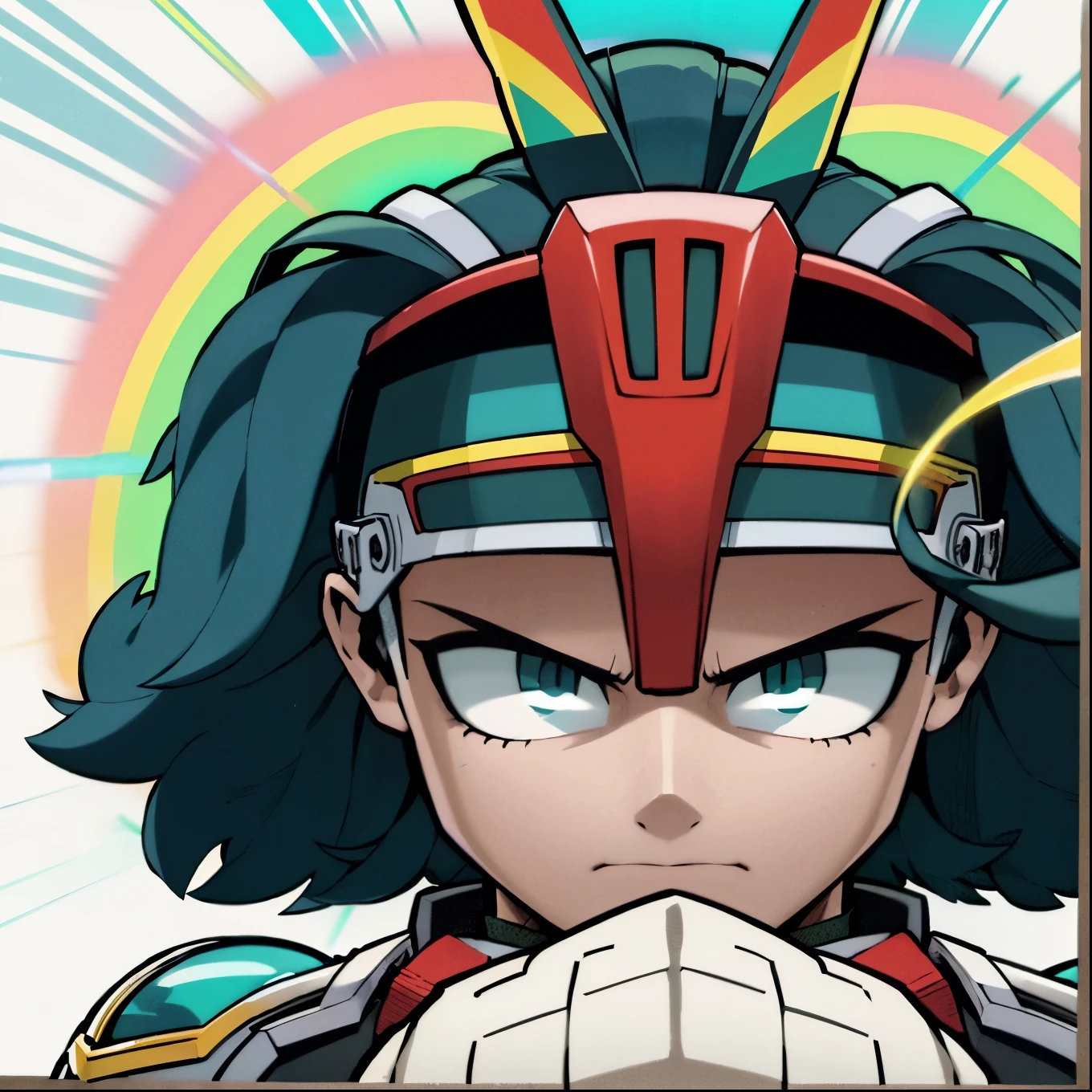 boy, head covering, helmet, face covering, mask, rainbow helmet, metallic mask, hero costume, full body suit, white suit with rainbow lines, perfect hands, Perfect anatomy, Super Detailed, rainbow aura, glowing aura, glowing rainbow aura, aura around,