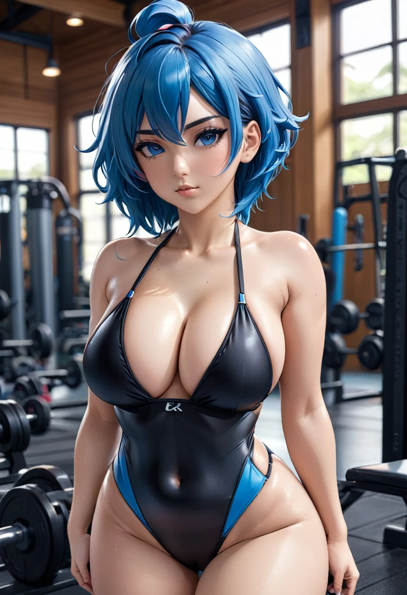 arafed woman in a black bikini and blue hair posing in a gym, seductive anime girl, thicc, realistic bikini, , [ 4 k digital art ]!!, is wearing a swimsuit, anime girls, top rated on pixiv, pixiv 3dcg, extremely detailed artgerm, sexy pose, swimsuit, anime! 4k