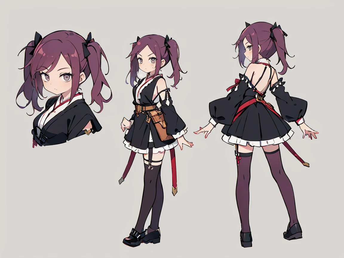 (((three-sided view, front view, side view, back view, multiple views, multiple poses and expressions, many parts)), concept art, character concept art, character sheet, Full body, illustration, (simple background, gray background), 1 character, 1girl, fantasy art:1.1), (kishou:0.7), jigokuraku, girls with((reddish purple hair, bangs, (two side up, twintail, long wavy hair, ribbon:1.55), perfect hands, perfect fingers, (exposed breasts, tits cleavage, breasts close up, full back:1.2), dress((suspenders, dress, belt, nun:1.15), (chinese clothes, frills shirt, no sleeves, sleeveless, frills panniers, long sleeves, white legwear, thighhighs, single thighhighs, single legwear, black footwear, strap shoes:1.42))