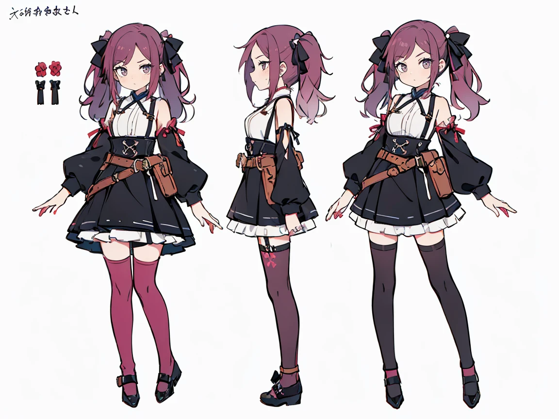 (((three-sided view, front view, side view, back view, multiple views, multiple poses and expressions, many parts)), concept art, character concept art, character sheet, Full body, illustration, (simple background, gray background), 1 character, 1girl, fantasy art:1.1), (kishou:0.7), jigokuraku, girls with((reddish purple hair, bangs, (two side up, twintail, long wavy hair, ribbon:1.55), perfect hands, perfect fingers, (exposed breasts, tits cleavage, breasts close up, full back:1.2), dress((suspenders, dress, belt, nun:1.15), (chinese clothes, frills shirt, no sleeves, sleeveless, frills panniers, long sleeves, white legwear, thighhighs, single thighhighs, single legwear, black footwear, strap shoes:1.42))