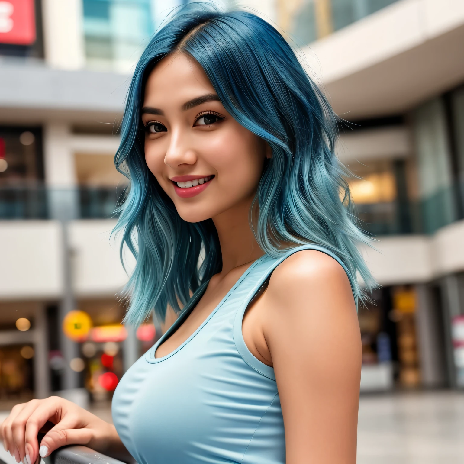 (blue hair:1.4), short hair, realistic green eyes:, cobalt hair,  long bob hair, tousled hair, shoulder length hair, Full body, woman with white skin and Asian features, 24 year old, big breast. She has a small, elegant nose with a slight upward curve at the tip. Her lips are full and naturally pink, with a well-defined Cupid's bow. Her teeth are straight and white, enhancing her captivating smile. Her face has an oval shape with high cheekbones that add to her model-like appearance. (crack), detailed (texture!, shine, color!!, flaws: 1.1), highly detailed glowing eyes, (looking at camera), specular light, dslr, extreme quality, Fujifilm XT3, crystal clear, cute face, detailed skin pores, oil Dark skin, brown, complex eye details, she is far from the camera, A full-body portrait, captured from a distance. Dynamic Frame, 8K, Masterpiece, Best Quality, Photorealistic, Ultra-detailed, Realistic Skin Textures, (Smile:1.2), Cropped shirt, Skinny T-shirt, tanktop, movie light, mall background, Sit at the table, (sat comfortably), (low angle shots), (view from below), hands behind, close up shot, in a shopping mall