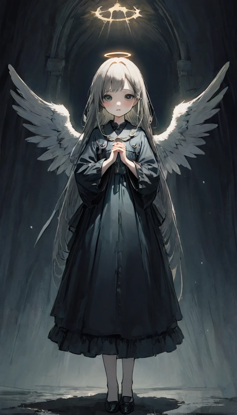 (masterpiece), (High resolution), (Very delicate), (masterpiece: 1.2, Highest quality),Perfect Anatomy、Darkness, An angel standing in the darkness、The girl who guides the dead to heaven、Cute face、Expressionless、 scribble, nightmare, Doll-like face, Manga Style, rough sketch, Manga Styleイラスト, Japanese painting, whole body,(snap shot), Flat Illustration, Creepy Appearance, Unique atmosphere、