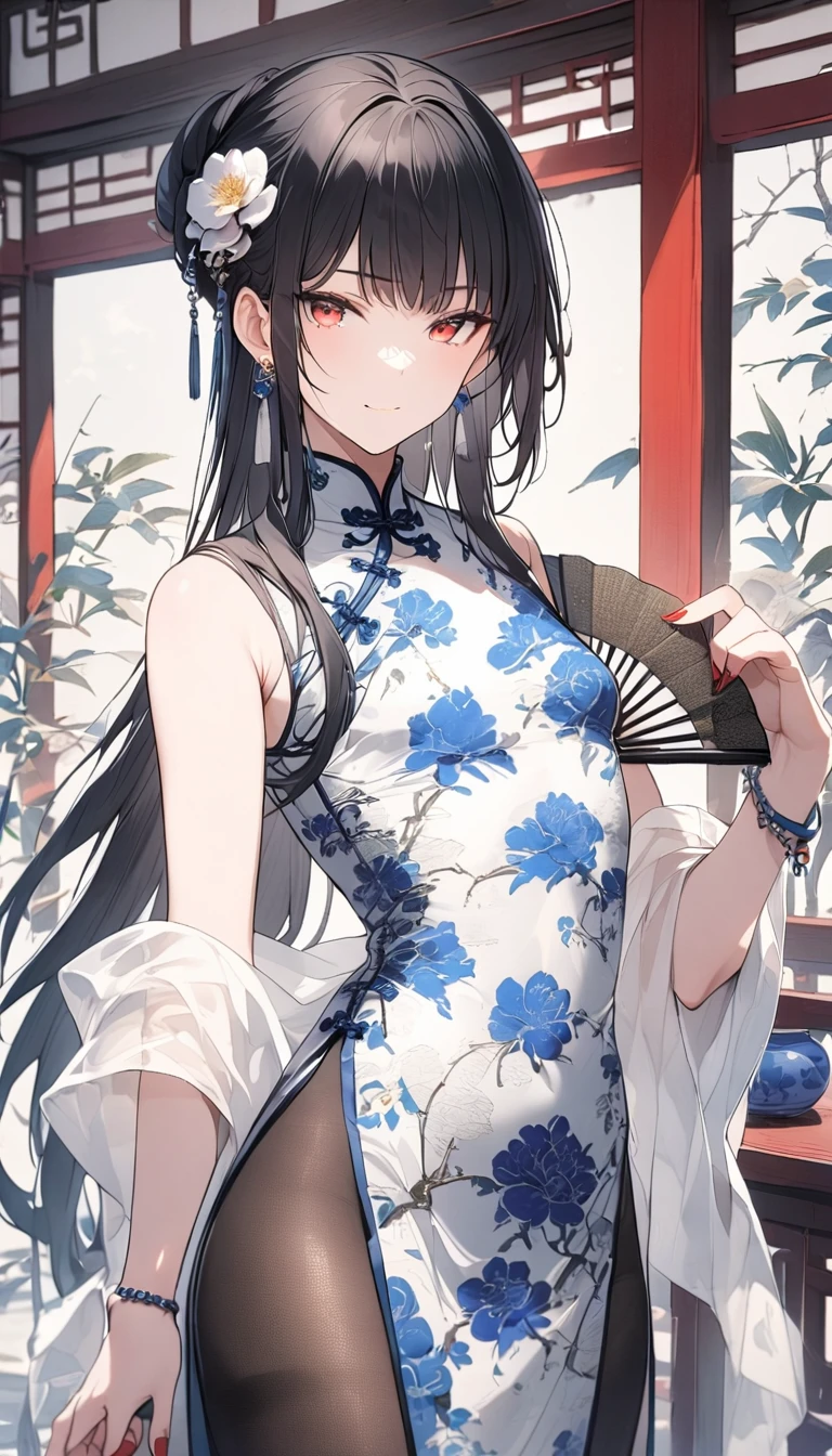 1man,(mature male),cool face,35 year old,red eyes,flat_chest,seductive smile,blue and white Chinese-style clothing,blue and white Chinese dress,blue and white Chinese qipao,blue and white floral print print,standing,black hair,very long hair,long bangs,single mole under mouth,updo,jewelry,blue and white chinese clothes,print dress,sleeveless,shawl,hand fan,legs_apart,bulge,looking at viewer,indoor,(teahouse),earrings,red nails,holding,bracelet,solo,holding fan,hair ornament,