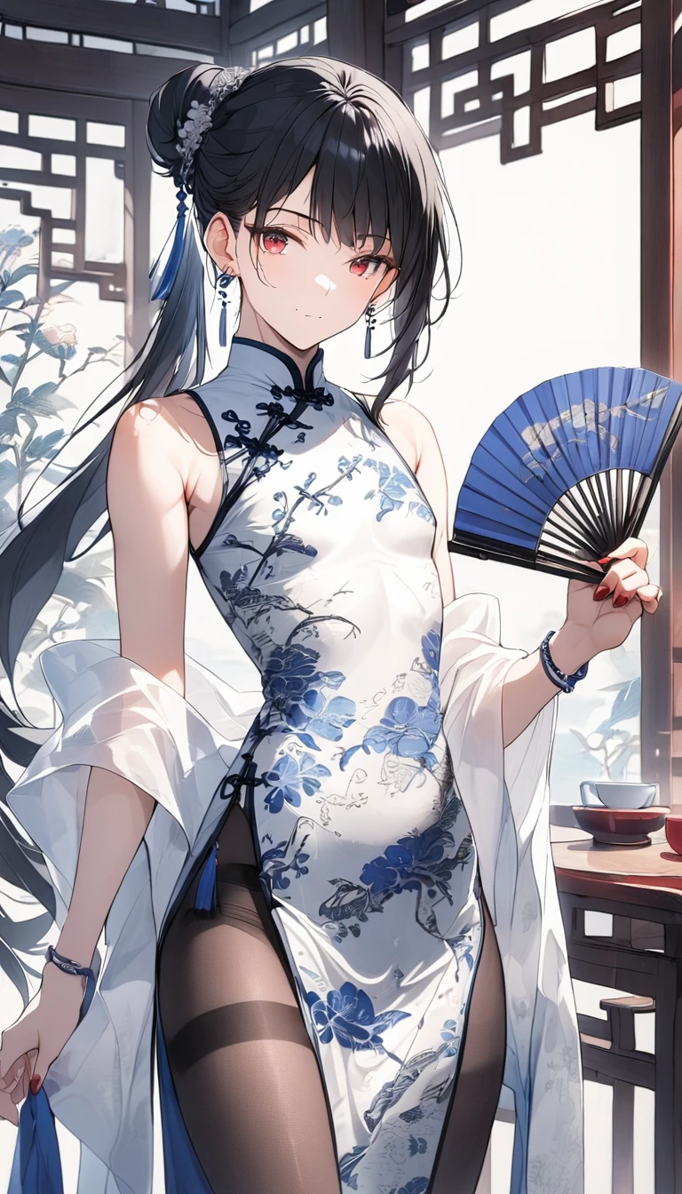 1man,(mature male),cool face,35 year old,red eyes,flat_chest,seductive smile,blue and white Chinese-style clothing,blue and white Chinese dress,blue and white Chinese qipao,blue and white floral print print,standing,black hair,very long hair,long bangs,single mole under mouth,updo,jewelry,blue and white chinese clothes,print dress,sleeveless,shawl,hand fan,legs_apart,bulge,looking at viewer,indoor,(teahouse),earrings,red nails,holding,bracelet,solo,holding fan,hair ornament,