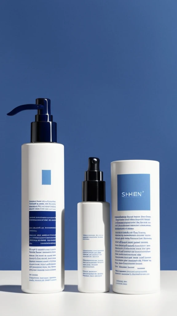 create a BRAND of skincare PRODUCTS, With navy blue colors, or cyan and white, with the name "ShiNe