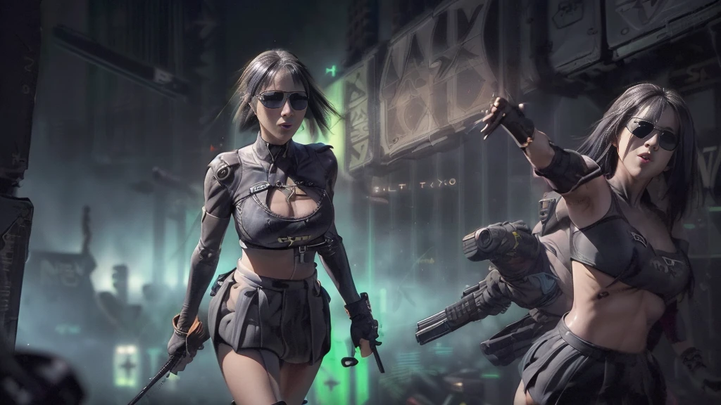 dark futuristic landscape, at night, neon lights, Atmospheric fog, large buildings in the background, futuristic city, busy streets with open shops, Ruined buildings, skyscraper (postapocalyptic city:1.3). at night, (((Matrix style cascading code))), (1woman, solo, perfect body), photo realistic, (large-breast:1.1 slim body, cleavage), (((tube top, extreamly short pleated (((((miniskirt))))) exposing panty))), (((((((matrix style black sunglasses))))))), (((((((sprinting with a (pistol), looking at camera))))))), (((half-body (thigh level) medium shot))), cinematic lighting.