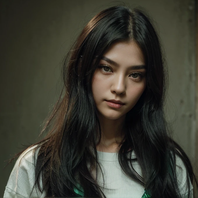 a girl with very long wolf cut hairstyle, very green and black long hair, facing forward, with a cool smirk, beautiful face, masterpiece, best quality, boyish clothing, korean girl, dark emerald green eyes, masterpiece, portrait.