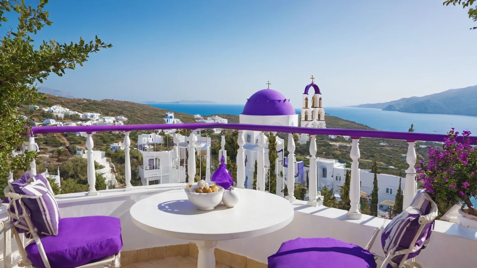 Arafed view of a balcony with a view of a white Greek Orthodox cathedral with a large purple dome, near a large beach & city valley on a sunny daylight, mountains, trees