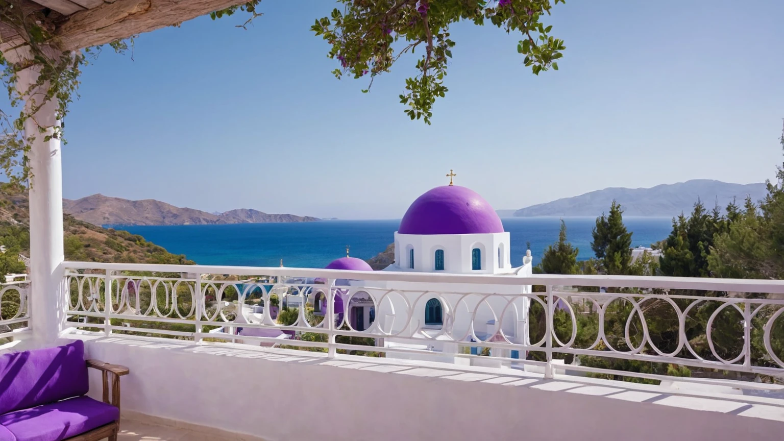 Arafed view of a balcony with a view of a white Greek Orthodox cathedral with a large purple dome, near a large beach & city valley on a sunny daylight, mountains, trees