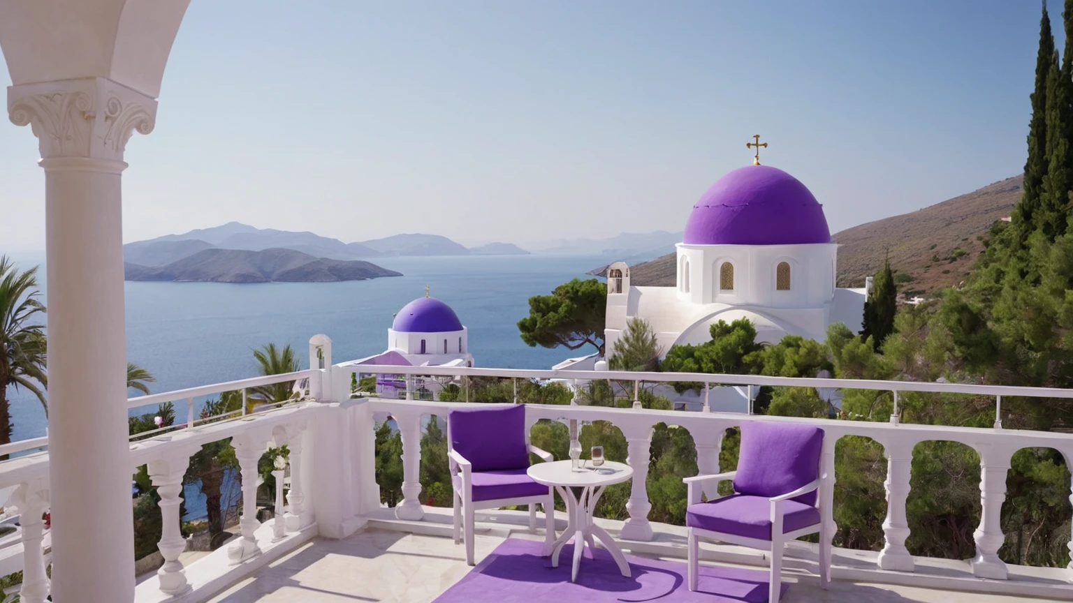 Arafed view of a balcony with a view of a white Greek Orthodox cathedral with a large purple dome, near a large beach & city valley on a sunny daylight, mountains, trees