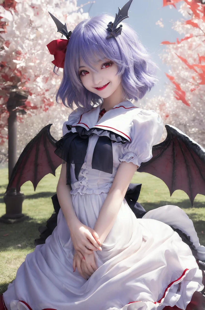 masterpiece, best quality,ultra detail,remilia_scarlet_touhou shiny eyes,shiny hair,star effect,evil smile,stylish angle, fang,red moon night,white clothes,open arms,starburst effect,from below,fullbody shot, yuri, , sex, condo