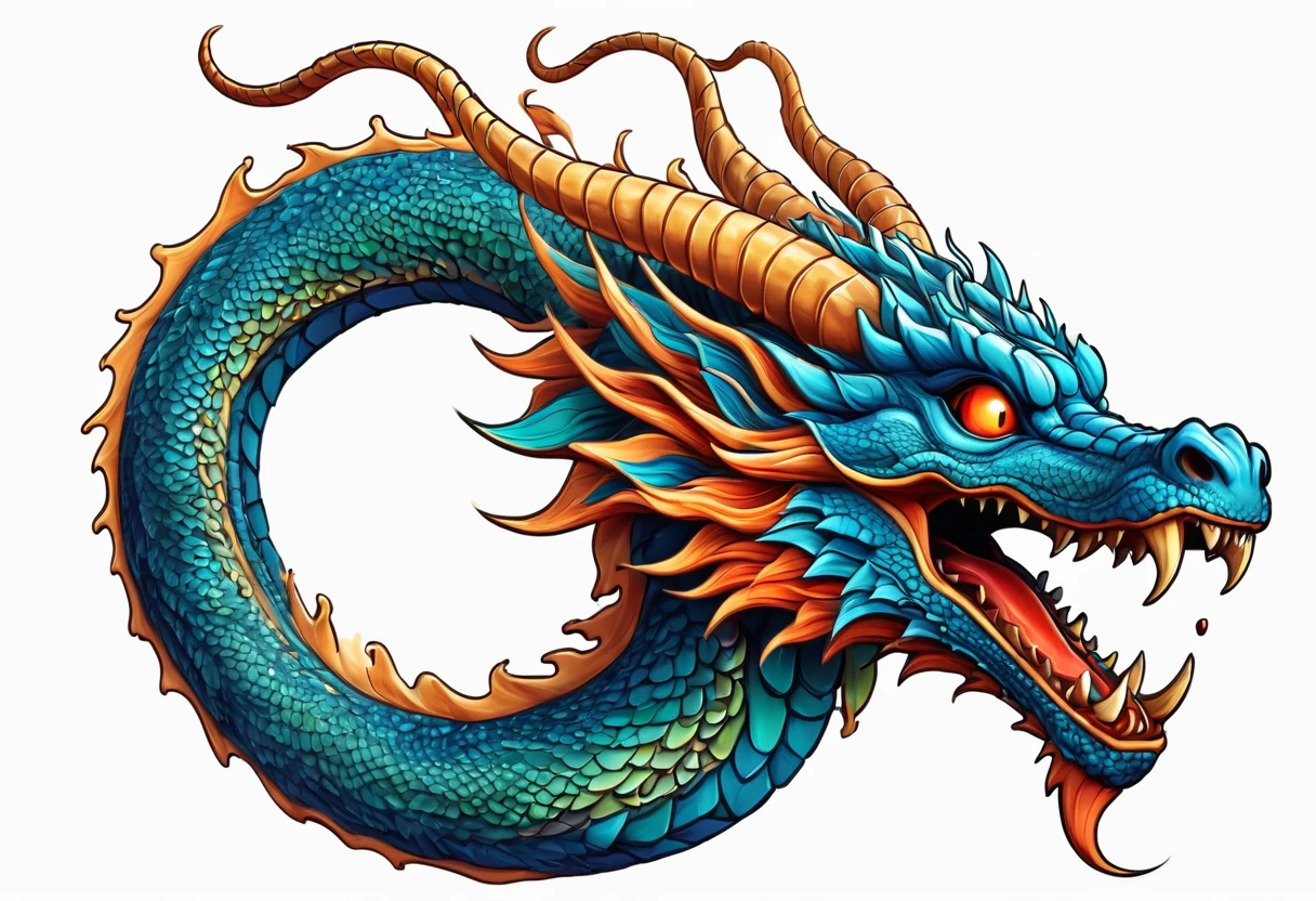 An oriental dragon,Dragon,Faucet,Horns on the head,fear,Scary,Huge teeth,ferocious,(side view:1.2),White background,cartoon,Second Dimension