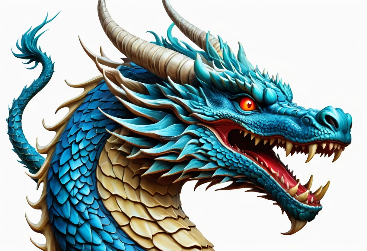 An oriental dragon,Dragon,Faucet,Horns on the head,fear,Scary,Huge teeth,ferocious,(side view:1.2),White background,cartoon,Second Dimension