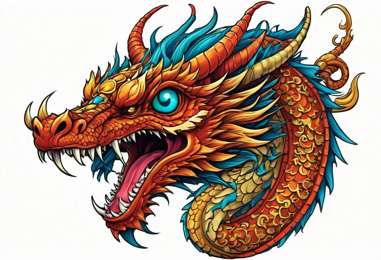 An oriental dragon，Dragon，Faucet，Horns on the head，fear，Scary，Huge teeth，ferocious，（side view：1.2），White background，cartoon，Second Dimension