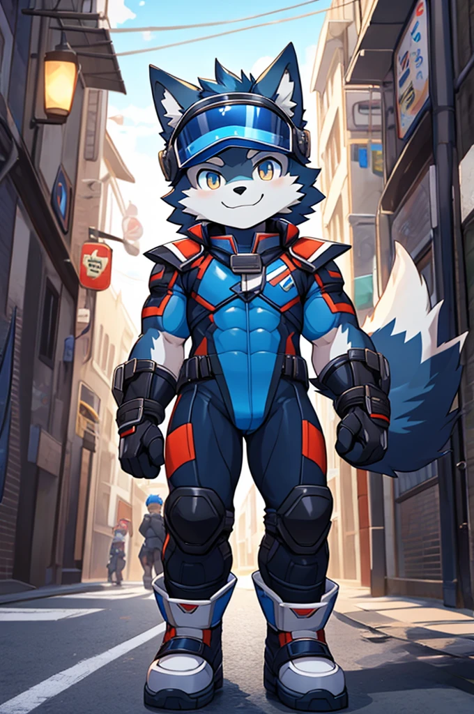 furry,1boy, dark blue wolf boy, muscular body, tights bodysuit, young hero, white gloves, white boots, street background, smile, shota, visor, night