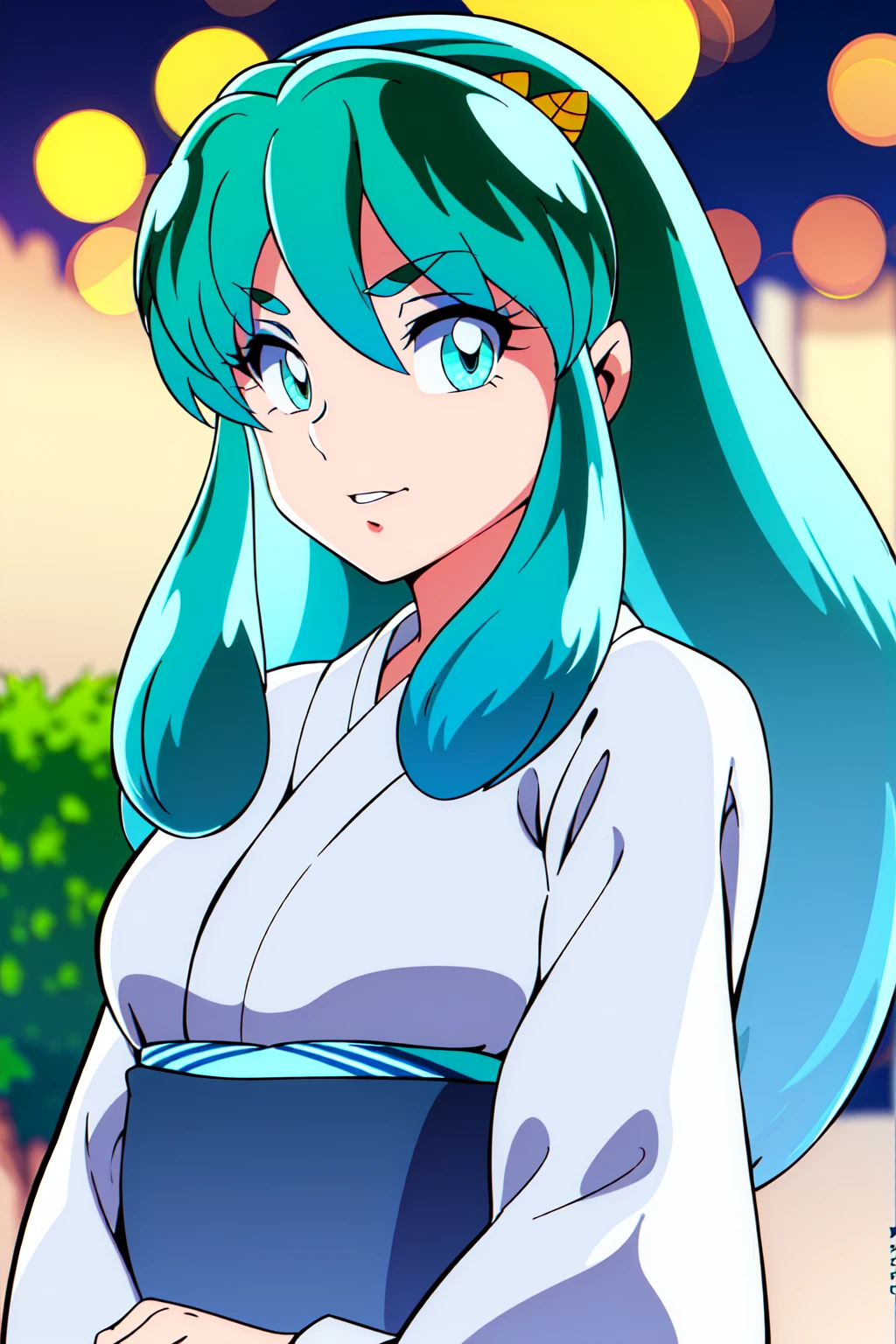 masterpiece, lum, 1girl:1.2, solo:1.2, beautiful detailed eyes, beautiful detailed lips, extremely detailed eyes and face, longeyelashes, yukata, kimono, night, facing viewer, looking to the side, portrait, HDR, UHD, studio lighting, ultra-fine painting, sharp focus, physically-based rendering, extreme detail description, professional, vivid colors, bokeh