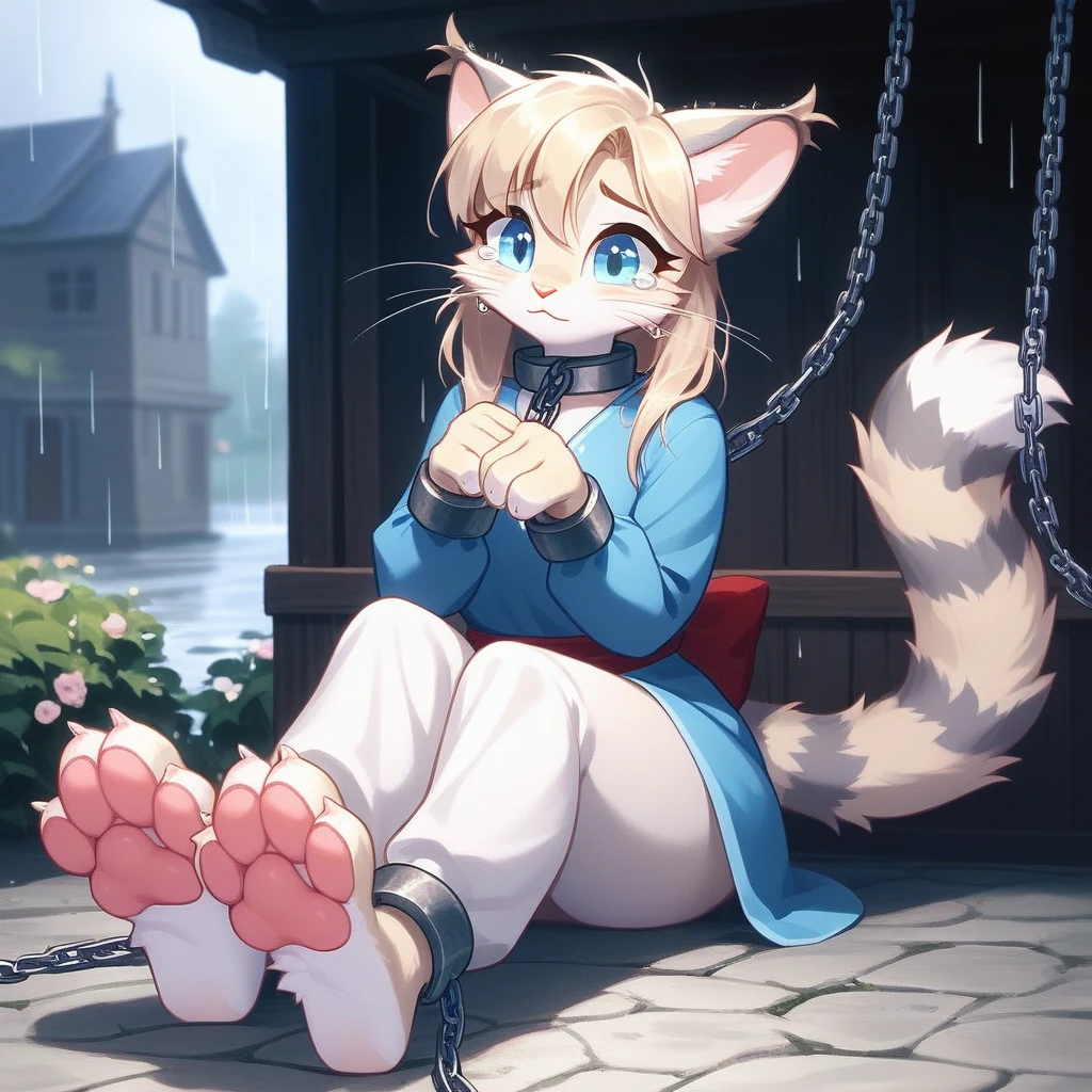 (hi res), ((masterpiece)) , ((best quality)),Solo, score_9,score_8_up,score_7_up, source_furry, Kat, Anthro furry feline girl, tall body, hourglass figure, adult female, blue eyes, silver fur, blonde hair with pony tail, (striped tail), white whiskers, pink nose, wearing simple blue long sleeve tunic, light brown fitted pants, barefoot, (feet paws), (4 toes), pink paw pads, foot focus, Her face was covered with tears,Have tears in her eyes,
outdoors, rainy day, spread feet apart, cute dainty feet,(The two feet paws are connected with chains between them),((there are many chains)),(feet chains focus),she is locked in a big cage, she is chained, chained on neck and feet,((Fetters were placed on her feet)),(Fetters and feet focused),(her feet paws were chaind to the cage),
