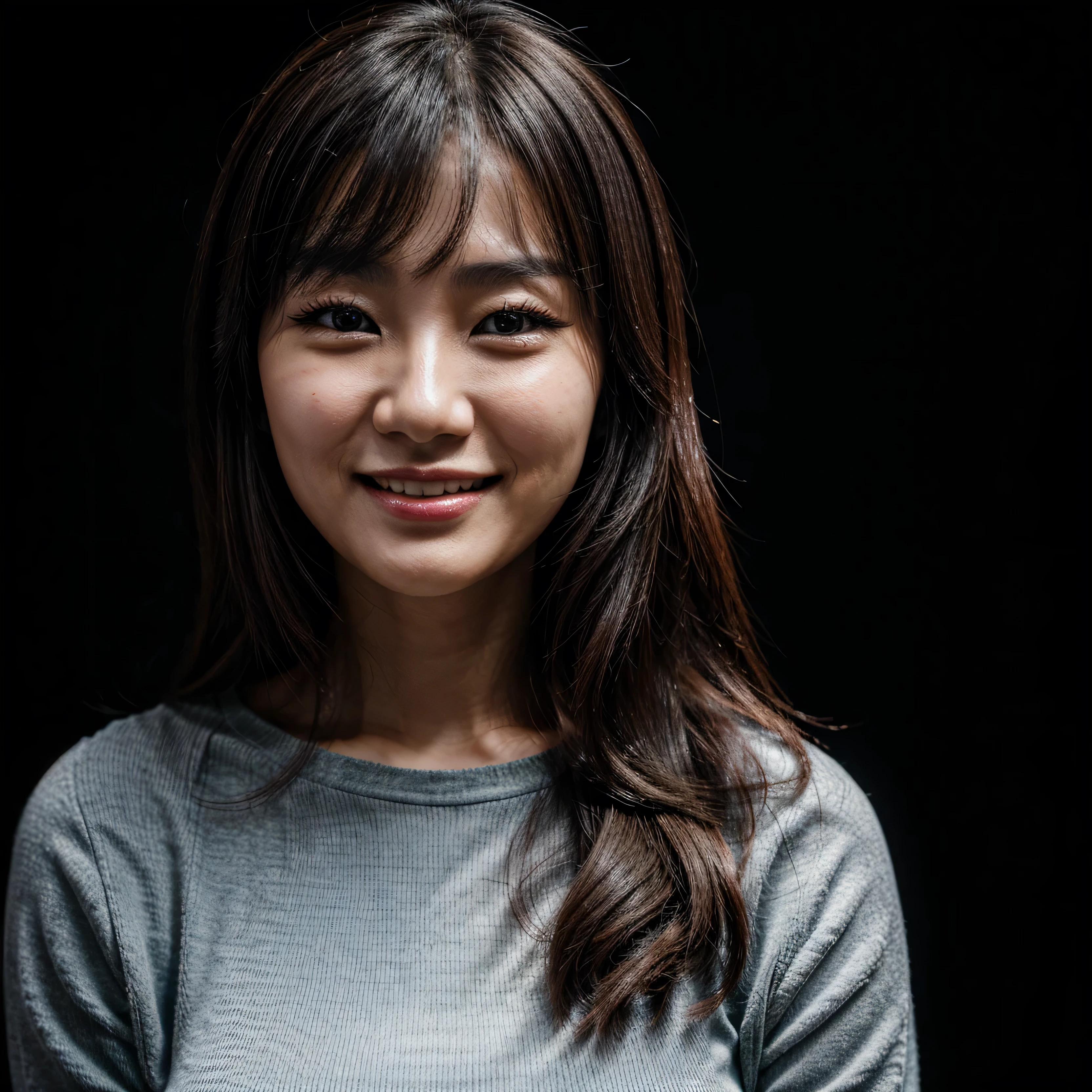 face perfect, beautiful face of a 30 year old Korean woman, Smiling beautiful, with black background