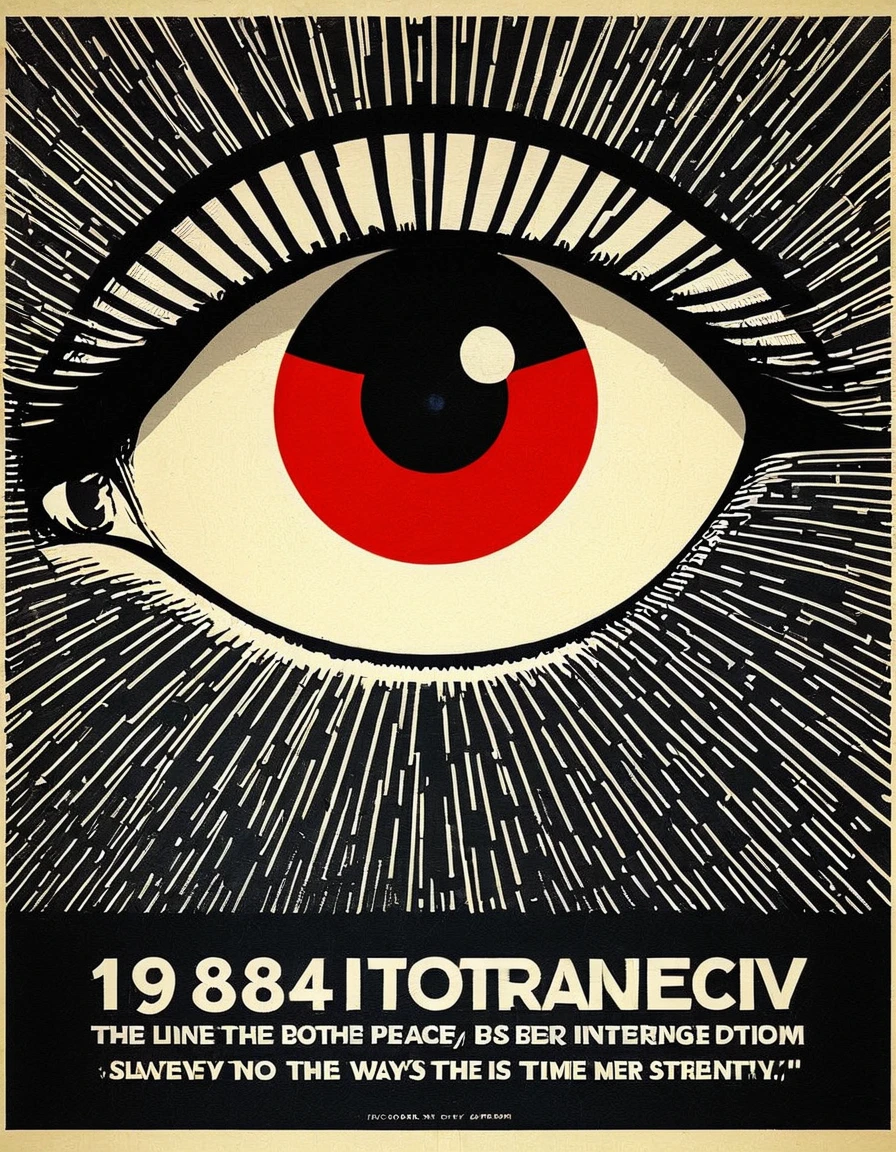 Create an image that encapsulates the dystopian world and themes of surveillance and oppression in "1984" by George Orwell, combining the following famous lines from the novel:
"Big Brother is watching you."
"War is peace. Freedom is slavery. Ignorance is strength."
"In a time of deceit, telling the truth is a revolutionary act."
Use these lines to inspire an image that reflects the totalitarian surveillance state, propaganda, and the struggle for truth and individuality portrayed in the book "1984."