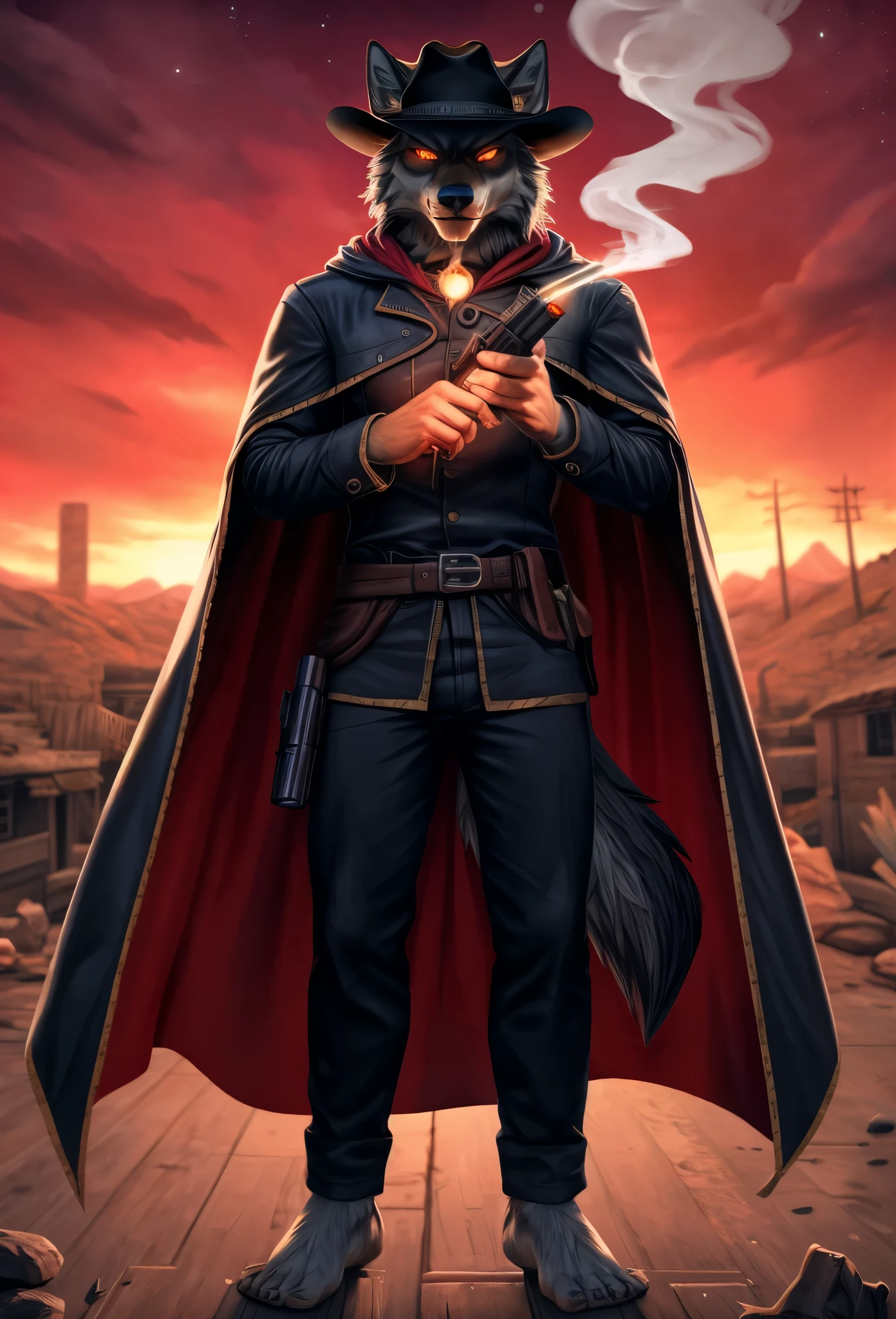 (((Barefoot furry character, full body, cinematic setting, furry male, plantigrade))) 

portrait, ((mysterious stranger black long fur wolf gunslinger)), ((holding smoking gun)), ((holding revolver)), abandoned town, alone ,strange, surreal, desolate, ghostly, eerie, lonely, solitude, short red cloak,red glowing eyes, fantastical, dangerous,night sky,red sky,  cinematic lighting, volumetric lighting, Film grain, cinematic film still, shallow depth of field, highly detailed, (western atmosphere), black cowboy hat

BREAK, intricate details, highly detailed, extreme detail, octane render, fine art, best quality, highres, (detailed face:1.5), ((full_body)), UHD, (((perfect hands))), low light