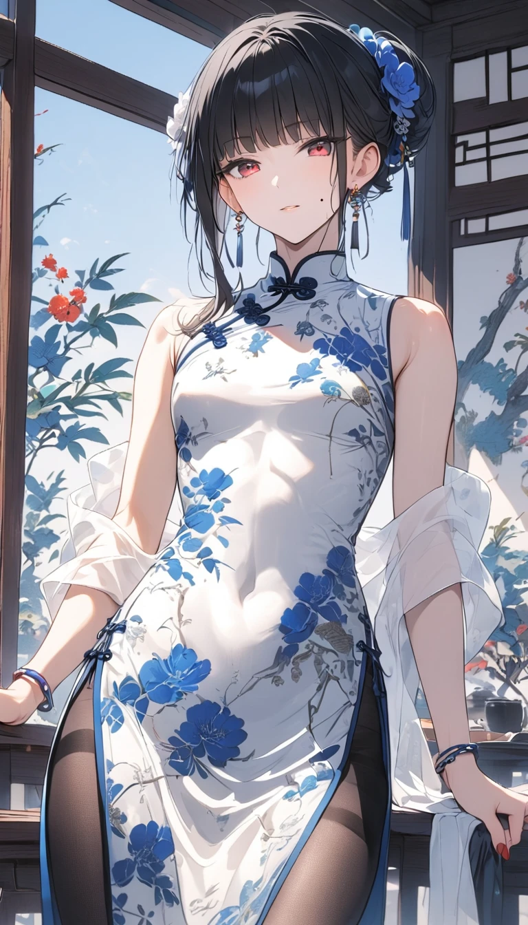 1man,(mature male),cool face,35 year old,red eyes,flat_chest,seductive smile,blue and white Chinese-style clothing,blue and white Chinese dress,blue and white Chinese qipao,blue and white floral print print,standing,black hair,very long hair,long bangs,blunt bangs,updo,single mole under mouth,jewelry,blue and white chinese clothes,print dress,sleeveless,shawl,hand fan,legs_apart,bulge,looking at viewer,indoor,(teahouse),earrings,red nails,holding,bracelet,solo,holding fan,hair ornament,