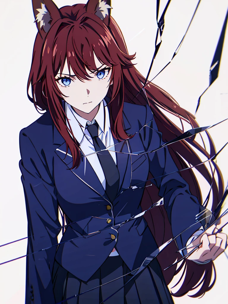 1girl ,solo,20s,mature female,red hair,long hair,fox ears,(white background, line drawing),shirt,black standard tie,blue blazer,long sleeves, black pleated skirt,glass,broken glass