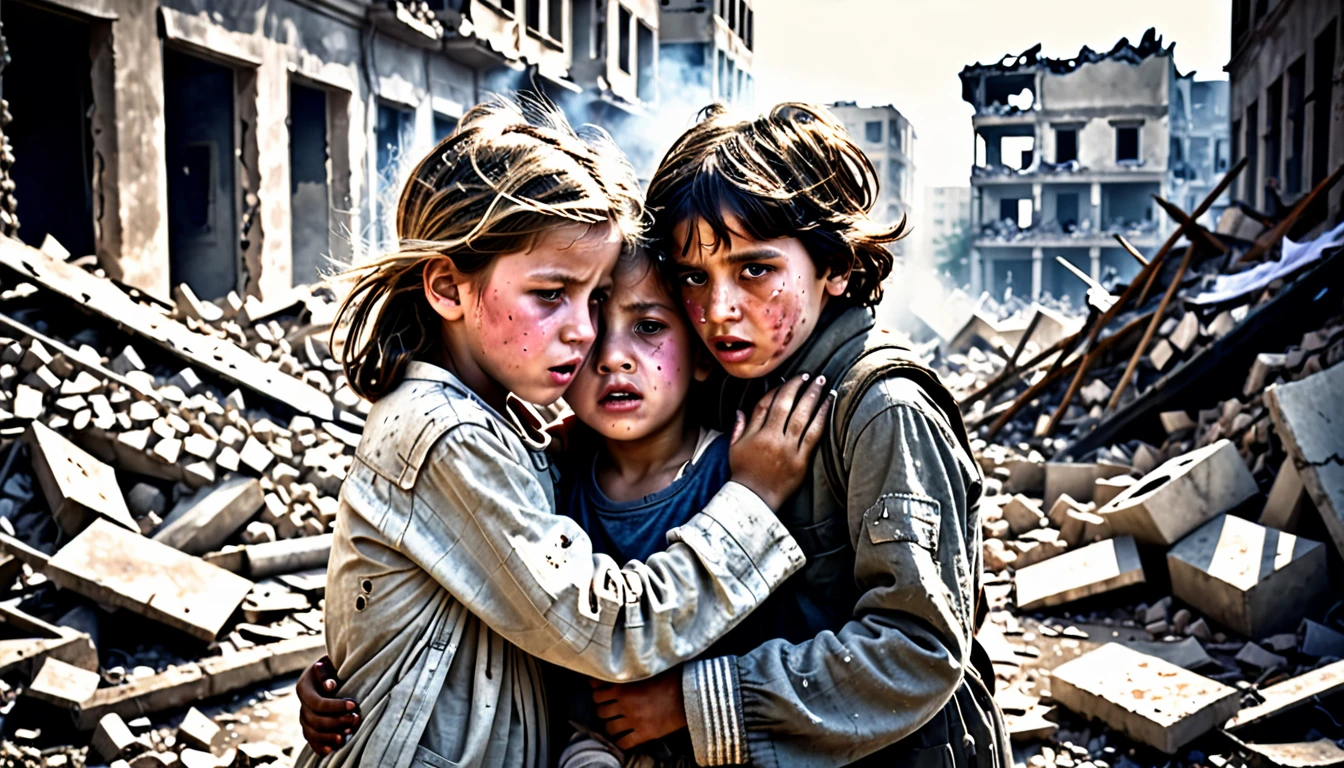a wounded and sick children at war, children in tattered clothes, children with bandaged wounds, children huddled in fear, children crying, children holding onto each other, children in a destroyed city, rubble and debris around them, dust and smoke in the air, harsh lighting, gritty and somber atmosphere, muted color palette, high contrast, cinematic composition, emotional and impactful