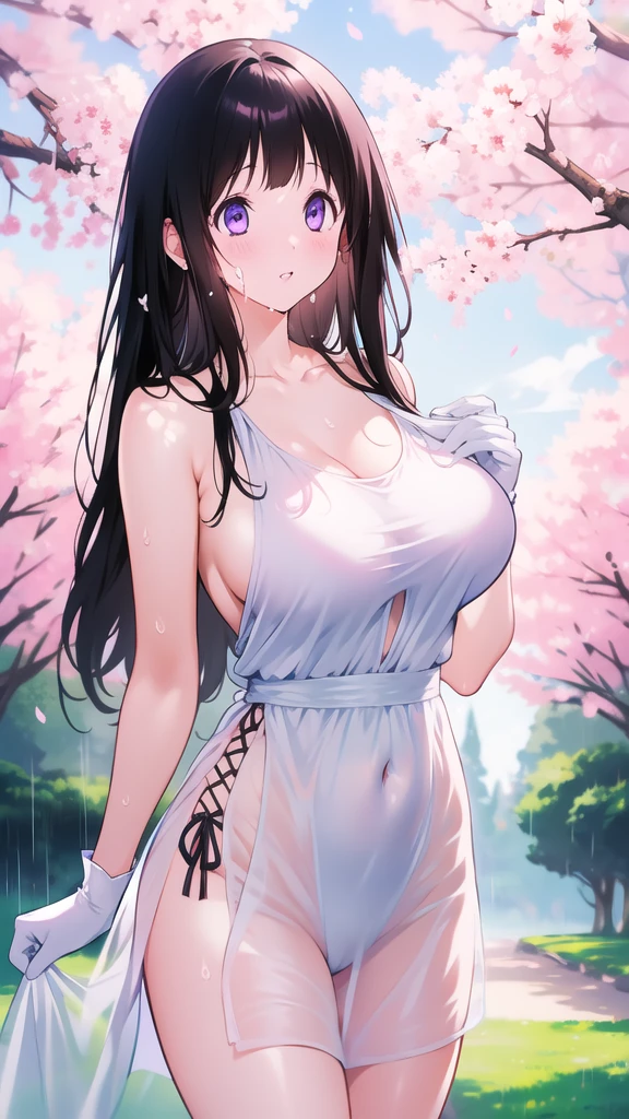 Amazing Chitanda, There is only one beautiful girl,Purple Eyes, Black Hair, Very red face,Very white skin,Glowing skin,Skin as delicate as porcelain,Naturally straight hair, Straight bangs,Extremely refined,Open lips,Long flowing hair,Beautiful Girl, Like a dream,Slim,Slim waist,Soft, (Sensual), (Kawaii), Dream quality,Beautiful big breasts,Sheer loose dress,Areola,Completely naked,Lower edge of breast,White gloves,Flower decoration,Deep V neckline,Loose neckline,White lace-up,Wide neckline,Walking in school,Place your hands on your inner thighs,Thighs clamp hands,Wet skin,Sweaty and sweaty,Sweating all over,it is raining,Next to the cherry blossom trees,Back to,Lean over,Hips,Side body,Gluteal groove,Completely naked的臀部,Bare back,Completely naked的背部,Light transmission,(no pants),nopan,pussy juice,Bare shoulders,There are no shoulder straps,Bare neck,Exposed collarbone,Exposing breasts,Exposing breasts侧面,Exposing breasts下面,Show your waist,Show your buttocks,Show your thighs,Exposing the groin,(No pants),extremely shy,Ultra-high resolution, (masterpiece:1.2, best quality), (Delicate and beautiful eyes: 1.2), (Beautiful and delicate face)