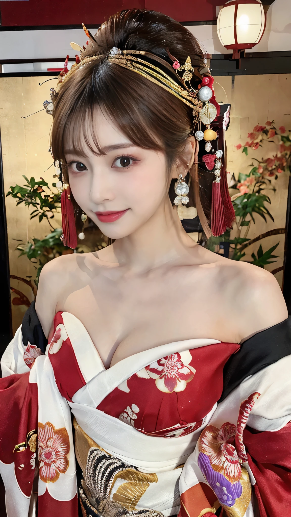 (Detailed skin:1.2),(Shiny skin:1.1),8K,Highest quality, masterpiece, Ultra-high resolution,(Realistic:1.4), RAW Photos,(Soft saturation:1.3),(Fair skin:1.2),Half-Japanese beauty,repair,20 years, Light brown hair, （Up-Hairstyles:1.2), Asymmetrical Hair, (Pretty face:1.4), (Large Breasts, Tight waist), Beautiful lighting, (Sexy Oiran:1.2,),Highly detailed face, Highly detailed lips, fine grain, double eyelid, （Sharp focus: 1.2）, （Perfect Anatomy),(Beautiful woman with perfect figure: 1.2）、Exposing cleavage、Random sexy poses，(Accentuate your leg lines:1.1)、kimono、Sharp Eyes,smile、Gorgeous hair ornament、Japanese style background