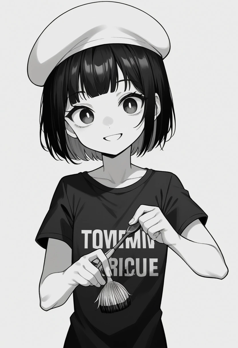 (high-resolution illustration 1.3), young female artist, (plain black T-shirt without text 1.2), (short black bob cut), (large clear eyes 1.1), (white beret hat 1.2), (large brushes 1.2), (green ink on brush tips 1.4), slim figure, (dynamic pose 1.2), (artistic 1.3), youthful, creative, energetic, (monochrome base with green accents 1.3), (contrast between black and white 1.2), casual, lively, (upper body only 1.3), (centered in image), (plain white background 1.1), clean lines, (clear details 1.2), (smiling expression 1.2), (looking directly at camera 1.4), (face clearly visible and detailed 1.4), (holding large brushes in both hands 1.2), (brushes held slightly away from face 1.3), (distinct facial features 1.3), (vibrant green brush tips 1.3), (eye contact with viewer 1.4)