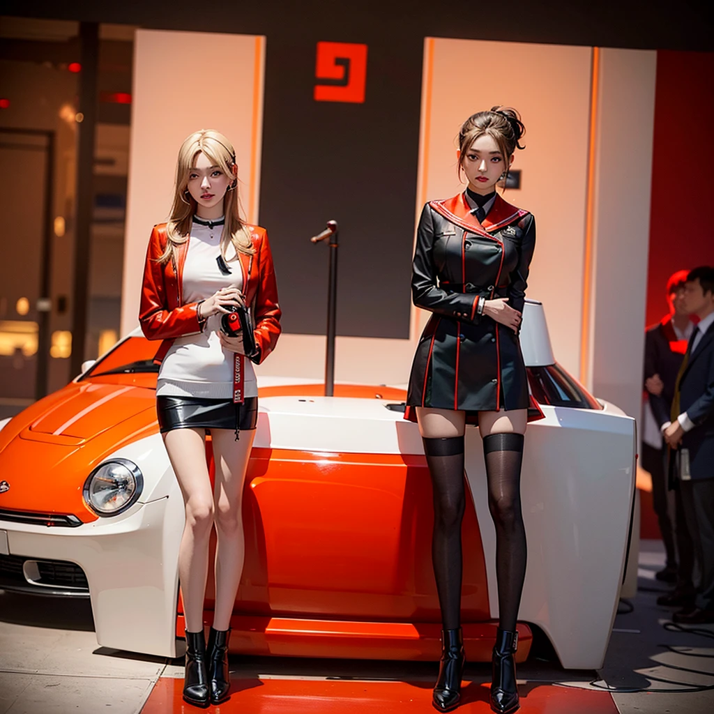 Wearing headphones, Luxury brand fashion Girl, Hans Bellmer, stand in front of a red electric supercar, Beautiful girls in sailor uniform, illustration, have a hand blaster, Korean, stand in front of a red electric car, avant garde painting, green, yellow, orange, purple, female, dark red boots, red ribbon, red brown leather clothing, ball jointed doll, black tie, red mini skirt, wearing headphones, Luxury Brand Fashion, blonde, star, Japanese, Surrealism Illustration.