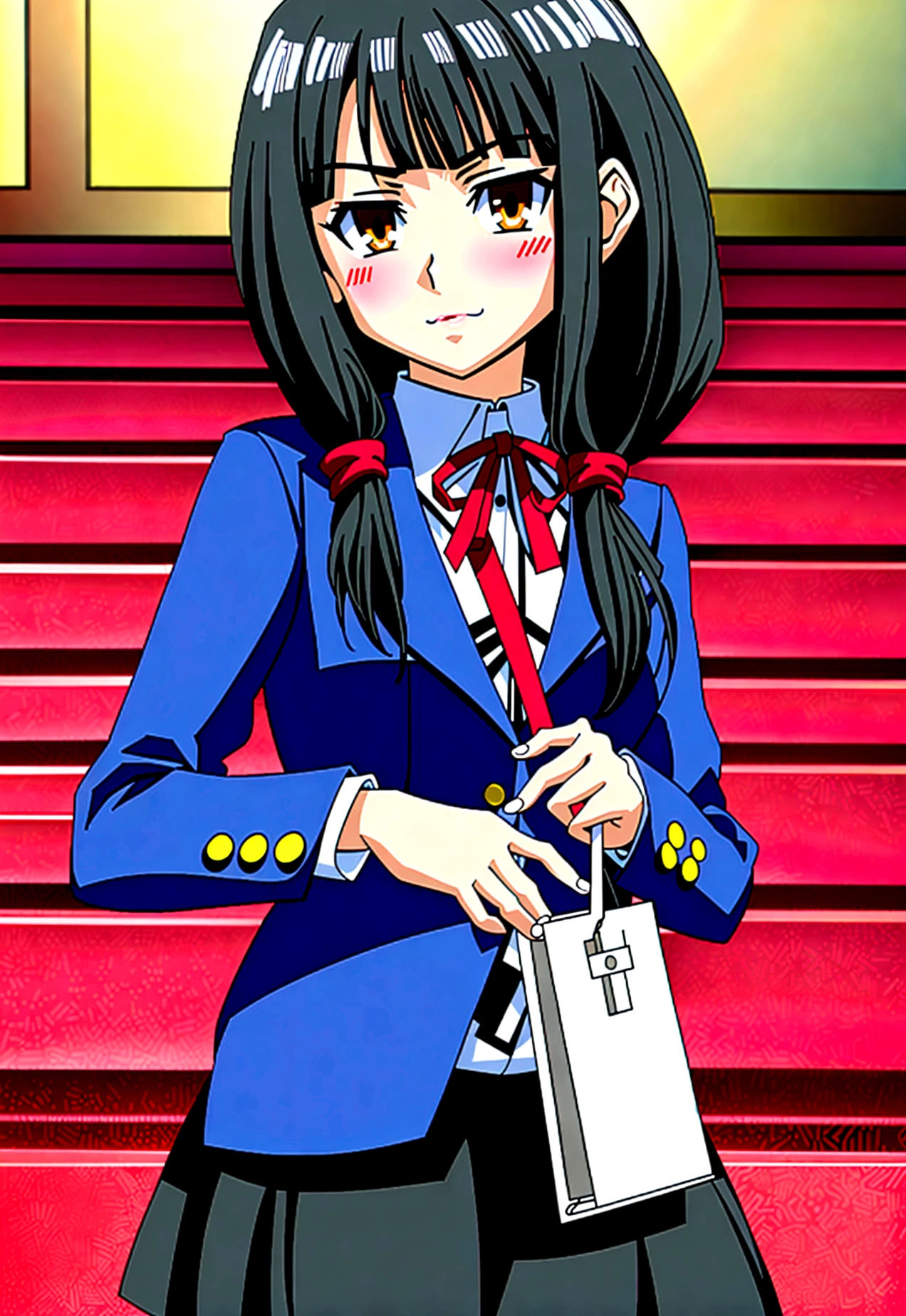 ultra-detailed,highly detailed,best quality,masterpiece,illustration,realistic, photo,photorealistic,
1girl, tokisaki kurumi,cosplay,hair over one eye, looking at viewer, happy girl,low twintails,
, blazer, collared shirt, neck ribbon, pleated skirt, pantyhose, hair rings, loafers,
indoors, walking, stairwell, 
