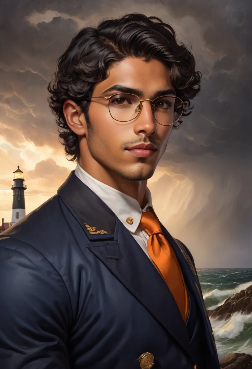 Image painting and photography, 1800's style portrait from side waist up, of a 25-year-old man, latino, short wavy black hair, small black eyes, Roman nose, small mouth thin lips, oval face, wears glasses, slender athletic toned body, tall, realistic soft tan skin, superb and arrogant look, looks straight at the camera, the navy blue jacket dress, Orange tie, white shirt, holds a gold coin, window background to see h storm lighthouse in a stormy day
