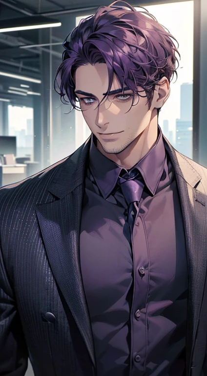 (best quality,4k,8k,highres,masterpiece:1.2),ultra-detailed,(realistic,photorealistic,photo-realistic:1.37),1 man,31 years old,mature man,very handsome,without expression,smile,short purple hair,blue eyes,penetrating gaze,perfect face without errors,imposing posture,businessman,office background,cinematic lighting,hdr image