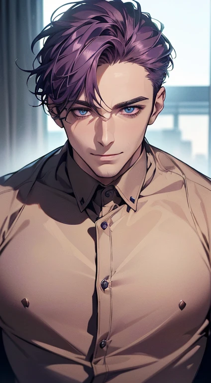 (best quality,4k,8k,highres,masterpiece:1.2),ultra-detailed,(realistic,photorealistic,photo-realistic:1.37),1 man,31 years old,mature man,very handsome,without expression,smile,short purple hair,blue eyes,penetrating gaze,perfect face without errors,imposing posture,businessman,office background,cinematic lighting,hdr image