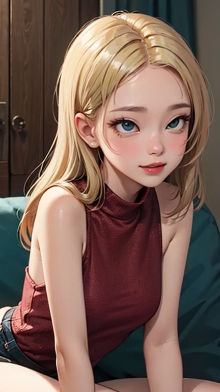 blush a little and smile, (Top quality masterpiece:1.2) Delicate illustrations, Very detailed, /Beautiful Japanese Women、1 person,Very cute and slim、Great style 、((8K images、super high quality))、Very delicate face, Skin and Hair、beautifule forehead、Red lipstick、(((((Mid-length hair、Blonde、lure))))),Very cute Japanese cut face、Eyes and nose are clearly visible、Kind eyes,((((Sleeveless fashion))))