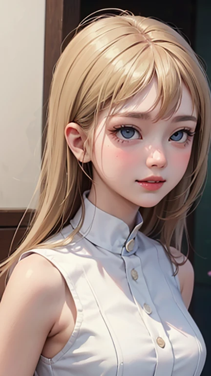 blush a little and smile, (Top quality masterpiece:1.2) Delicate illustrations, Very detailed, /Beautiful Japanese Women、1 person,Very cute and slim、Great style 、((8K images、super high quality))、Very delicate face, Skin and Hair、beautifule forehead、Red lipstick、(((((Mid-length hair、Blonde、lure))))),Very cute Japanese cut face、Eyes and nose are clearly visible、Kind eyes,((((Sleeveless fashion))))