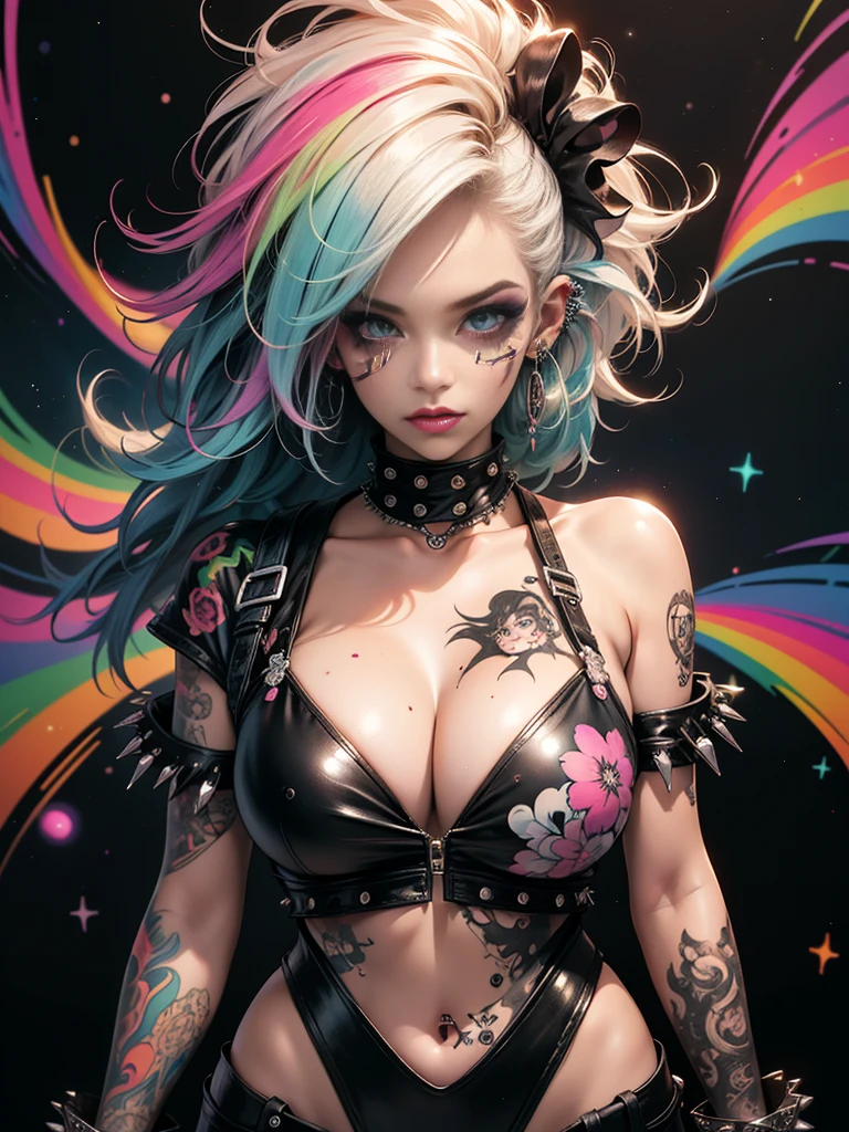 (masterpiece, top quality, best quality, official art, beautiful, cosmic, atmospheric, psychedelic, dreamlike and aesthetic, swirling psychedelic cosmic graffiti patterns:1.2), (1girl), extreme detailed,(fractal art:1.3),colorful,highest detailed, "(Best Quality, 8K, 32K, masutepiece:1.3), Ultra-detailed, (Photorealistic:1.4), pink and white colors, perfect color scheme, albino, Punk rock Girl, Detailed moonlight eyes, full body portrait, Luxurious neon white punk hair, Edgy Harajuku-inspired punk rock fashion, super huge enormously gigantic tits, cleavage showing, Avant-garde makeup, Numerous piercings, Heavily tattooed body, swirling psychedelic cosmic dreamlike graffiti pattern background